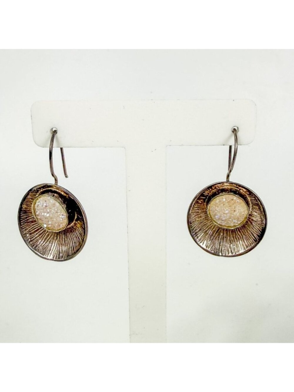 Sterling Silver Aura Quartz Circular Round Dangle Drop Textured Earrings